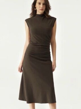 OGL Brown Sleeveless Mock Neck Midi Dress with Side Ruching, XS